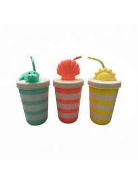 Sun Squad Striped Kids Cups With Fun Lids & Straws - Alligator, Shell, And Sun D